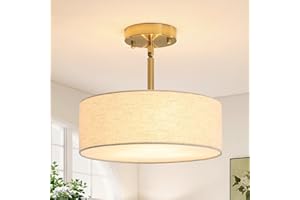 ‎LWYTJO LWYTJO Deckenleuchte mit Stoffschirm, 3-Licht Moderne Rund Deckenlampe, Trommel Kronleuchter Weiß Stoff Lampenschirm Deckenleuchte für Wohnzimmer, Schlafzimmer, Küche, Flur, Foyer-Gold