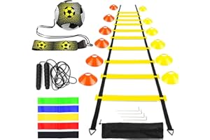 LangRay Kit d'entraînement de Football, Échelle de Rythme 6m, 12 Cônes de Disque, 1 Corde à Sauter, 1 Kick Entraîneur Solo, 5 Bandes de Résistance, Cadeau de Football pour Enfants et Adultes