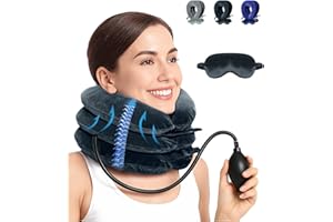 LuxoCare Neck Stretcher Adjustable – Neck Brace Pillow with Eye Mask, Cervical Neck Traction Device for Neck Pain Relief & Decompression, inflatable Neck Support for Home,Car, Travel & Office (Black)