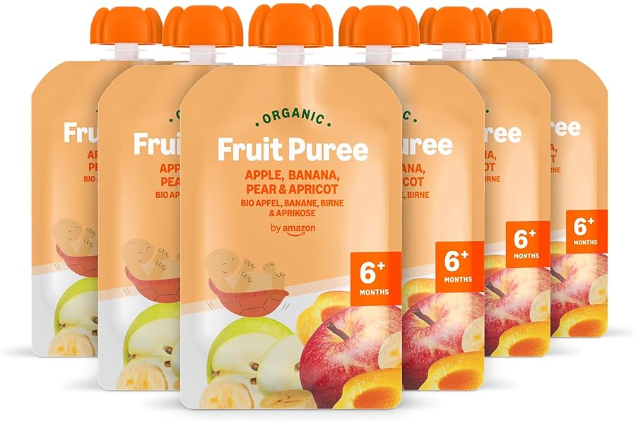 Amazon Brand - Mama Bear Fruit Pouch, Organic Apple, Banana Pear and Apricot Puree, vegetarian, 90 g (Pack of 6)