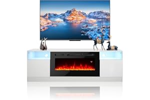 ‎M.C.HAUS M.C.Haus Elektrischer Kamin mit TV-Ständer, 91.4cm Kamin, für bis zu 181cm*111cm TV, Modernes Holzstruktur Entertainment Center mit LED Licht, Highlight Schrank und Glasfront, 177.8cm, Weiß