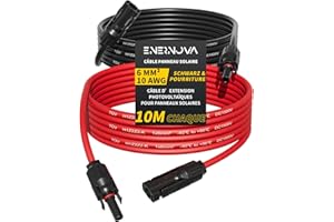 ENERNOVA Câble Solaire 4mm²/6mm², Câble Panneau Solaire 1/2/3/5/10/15/20M, IP67 Rallonge de Câble Solaire, Câble d'extension de Câble Solaire avec Connecteurs Mâles et Femelles pour Panneau Solaire(6mm² 10M)