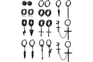 BVLAGIDA 20 Piezas Pendientes Iman Hombre, Pendientes sin Agujero Acero Inoxidable, Pendientes Clip de Colgantes Cruz Pluma, Pendientes Magneticos para Hombre Mujer, Negro