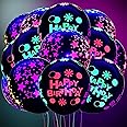 ELECDON Neon Glow Balloons Blacklight Reactive Fluorescent Mini Star Balloons and Happy Birthday Blacklight Balloons UV Blacklight Latex Balloons for Birthday Wedding Arch Party 60 Pieces 12 Inch