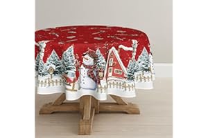 Artoid Mode Nappe de Noël ronde rouge avec protection anti-taches pour l'hiver, motif maison, neige, arbres, clôture, bonhomme de neige, 120 cm, décoration de cuisine et de fête