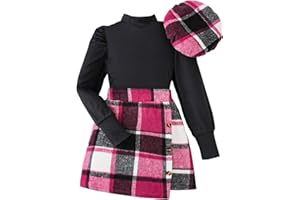 SRTUMEY 5t Dress Toddler Kids Child Girls Long Sleeve Ribbed Solid Tops Blouse Plaid Skirt with Hat Outfit Set 3PCS Girls Deep Dress