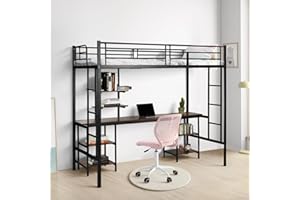 ‎FETINES FetiNes Bunk Bed with Desk 90 x 200 cm, Bunk Bed with Shelves Storage Space, Metal Bunk Bed with Safety Rail and Ladder for Children, Teenagers and Adults, Black
