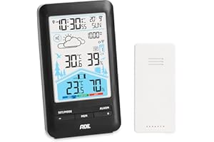 ADE Station méteo numérique avec capteur extérieur | Thermomètre, hygromètre, baromètre | Horloge radio-pilotée avec double alarme | Prévisions météo animées | Grand écran couleur LCD