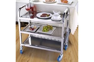 OHMG Desserte Cuisine à roulettes Chariot de Service,3 Plateaux,Capacité de Charge 150 kg,Acier INOX,Chariot de Service,Service desserte de Cuisine INOX,3 étagères De Débarrassage Restauration (95*50*95cm)