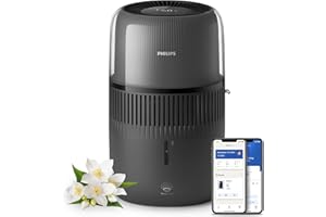 Philips Intel. Nawilżacz Ewaporacyjny Serii 5000 do 45m², Cichy 12dB, Tryb nocny, 99% mniej bakterii z NanoCloud, 300 ml/h, zbiornik 4,5L, Aromaterapia, Czujnik wilgotności, Timer, Czarny (HU5600/03)