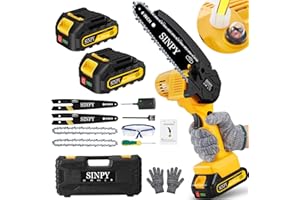 SINPY Mini motosega batteria 15,2 cm (6"), 6000 mAh, con blocco di sicurezza, catena in acciaio al manganese e olio automatico, mini motosega elettrica