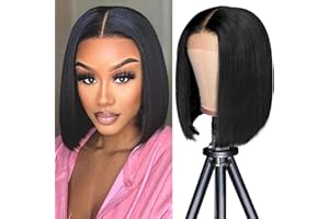 KERBEREY Perruque Bresilienne 13x4 Lace Frontal Wig Bob Courte Perruque Cheveux Humain Femme Perruque Naturelle Wig Human Hair for Women Couleur Naturelle Straight Bob Lace Wigs 8 Pouces