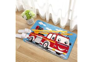 VIONNPPT Cartoon Auto Muster Knüpfteppich Zum Selber Knüpfen Knüpfset, Latch Hook Kit Selbst Teppich Set, 3D Kreatives Geschenk Tapisserie Für Erwachsene Kinder (Fire Truck,60cmx40cm)