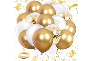 OHugs Metallic Gold Balloons - 31 Pcs Set of 15 Chrome Gold Balloons, 10 White Balloons, 5 Confetti Balloons, 1 Gold Ribbon for Bridal Shower, Baby Shower, Birthday Party, Gender Reveal