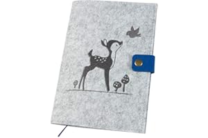 LUXDAG Bambi Protège-cahier en feutre, gris clair/bleu (couleur au choix) | Housse brodée pour carnet de santé avec bouton pression, compartiments colorés et marque-page