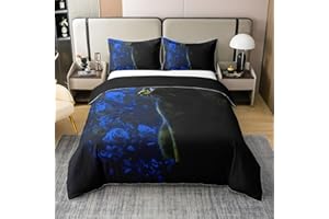 HOMEWISH 100% Baumwolle Nette Schwarze Katze Bettbezug,Haustier Bettwäsche Set,Blaue Rosen Tröster Abdeckung,Romantische Blaue Floral Bett Set für Schlafzimmer Dekor,220x240,2 Kissenbezüge,Schwarz Dunkelblau