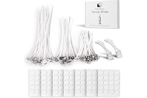 Mindful Memories Candle Wicks 90 Pcs (10cm, 15cm, 20cm) with 2 Candle Wick Holders & 90 Glue Stickers, Long Lasting Pre-Waxed & Tabbed Cotton Threads with No Black Smoke for DIY Crafts