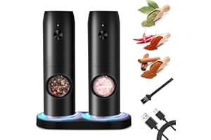 MILFECH Salz und Pfeffermühlen Elektrische 2er Set mit Wiederaufladbarer Basis, Einstellbarer Grobheit Gewürzmühle, Automatisches Mahlen, LED-Licht mit Reinigungsbürste für BBQ Restaurant Küche