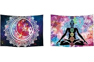 Ulticool – Tapiz de decoración para apartamento – Chakra Sanación Aura Espiritualidad Mandala Blanco Púrpura Azul – Juego de 2 motivos – 73 cm x 95 cm – Paño de pared – Accesorios para salón