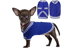 LiebeDD Pull Chien Chat et Chiot - Col en V Tricot Pull Chihuahua, Sweat Doux Pull-Overs pour Chiens, Vetement Chaud Chien, Pull pour Chien Petite Taille, Bleu XS