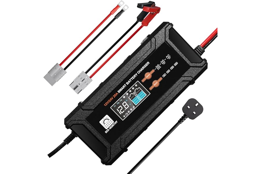 ECO-WORTHY 12V/24V 20A Smart LiFePO4 Battery Charger with UK Plug,Support Lithium,AGM,SLA Battery Charging with Activation and Trickle Maintenance for LiFePO4 Batterie