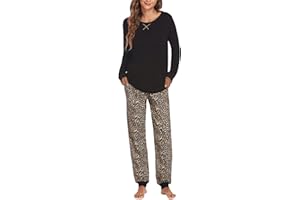 Ekouaer Damen Schlafanzug Lang Zweiteiliger Pyjama Set Rundhals Hausanzug Sleepwear Nachtwäsche Oberteil und Hose