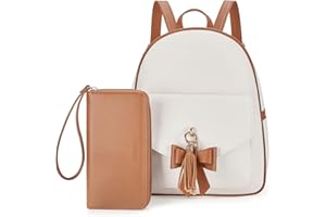 ECOSUSI Womens PU Leather Backpack, Elegant Ladies Rucksack Girls Casual Backpack for School Travel College, Water-resistant Fashion Daypack with Purse, 2 Pcs, Brown + Beige