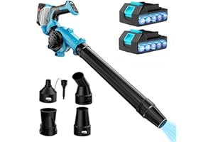 FOVENDI 21V Soffiatore a Batteria Elettrico con 4 Ugelli, Soffiatore Foglie a Batteria Elettrico Compatto a 3 Velocità con 2 Batterie da 3Ah e Caricatore, Corpo Macchina Regolabile con Rotazione di 270°