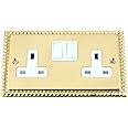 A5 Socket 2 Gang - Polished Brass Georgian - White Insert Plastic Switch - 13A Double Wall Plug Socket
