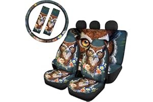 Belidome Autositzbezüge-Set mit Eulen-Motiv, Lenkradbezug, Gurtpolster, rutschfest, dehnbar, universell passend für die meisten SUVs, Vans, Limousinen
