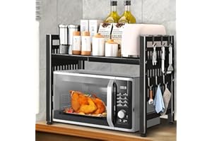 ZLPBAO Soporte Extensible para Microondas de 2 Niveles,Soporte para Microondas y Horno Cocina con 6 Ganchos, Organizador de Cocina Ajustable Estanteria para Microondas, Mueble Extensible Microondas