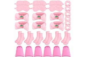 KKLOLAI 30 Pcs Girls Spa Sleepover Party Supplies Pamper Party Essentials 6 Pink Strawberry Bow Headband 6 Velvet Scrunchies 6 Plush Sleep Eye Mask 6 Pair Fuzzy Sock 6 Cosmetic Bags for Women Slumber Favors