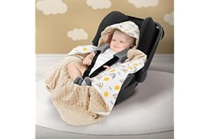 Joyz Coperta Avvolgente con Cappuccio Beige/Arcobaleno 100% Cotone 84x84 cm Doppio Face Universale per Seggiolino Auto Passeggino Coperta per Coccole per Tutte le Stagioni Copertina per Neonati
