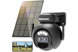 BEENOZO 4K Double Objectif Caméra Surveillance WiFi Extérieure sans Fil Solaire,Camera IP Batteries,avec 360°PTZ,Vision Nocturne Couleur,Détection Humaine PIR,Audio Bidirectionnel,IP66