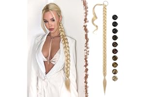 FESHFEN Extensiones de Pelo Coleta Trenzada, 65 cm Coleta Postiza de Pelo Larga Ponytail Extensión de Cola de Caballo Sintético Liso Postizos para Mujeres, Rubio y Rubio Ceniza Mixto