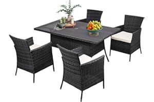 Warmiehomy Rattan Garden Table and Chairs Set 5 Pieces Garden Dining Set 120x80cm Rectangular Patio Table with Parasol Hole Tempered Glass Top and 4 Seater Wicker Armchairs with Seat Cushions, Black