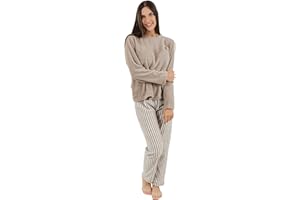 TRAMAS+ Pijama Mujer Invierno, Pijama Coral de Mujer, Conjunto de Camiseta de Manga Larga y Pantalón Largo con Cintura Ajustable Calentito, Conjunto para Mujer