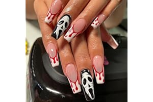 YANZEFEI Halloween Fake Nails,24pcs Long Funny Faces Fake Nails,Halloween Press on Nails,Acrylic French Stick on Nails with Glue, Full Cover Fake Nails False for Halloween Party Cosplay