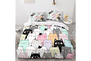 Tabeskly Kids Girls Cartoon Cat Cute Soft Zipper Bed Bedding Duvet Cover Set Single Multicolor 135×200cm