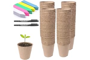 Abimars 100 Pcs 8 cm Biodegradable Fibre Seed Pots for Seedling with 100 Pcs Plastic Plant Color labels, 2 x 10 cm Plant label pen