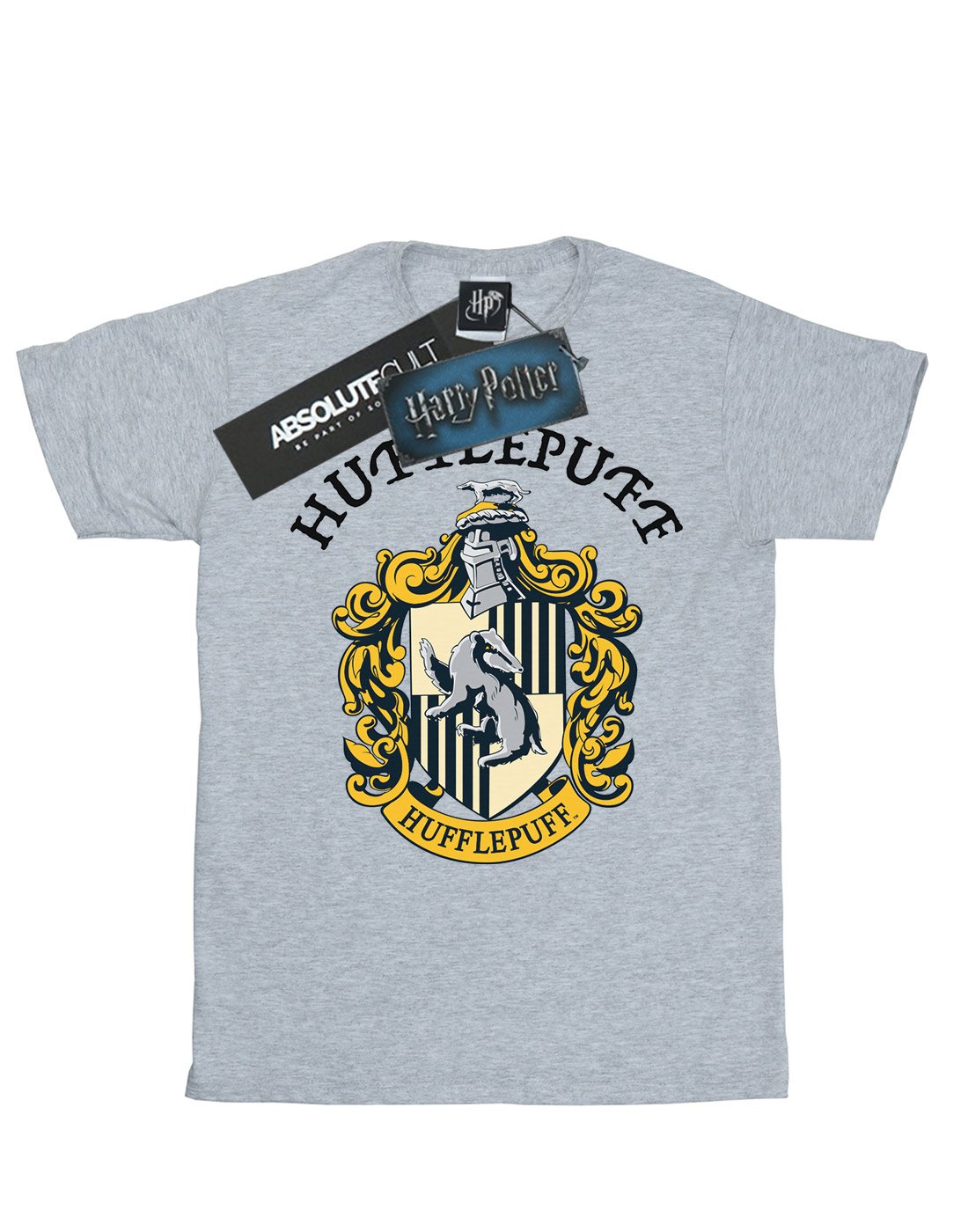 Absolute-Cult-Harry-Potter-Damen-Hufflepuff-Crest-Boyfriend-Fit-T-Shirt-Sport-Grau-Small