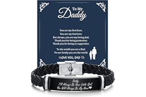 PJ JEWELLERY Daddy Gifts Mens Bracelets for Christmas - Personalised Braided Leather Bracelets Engraved Inspirational Quote for Boy Men, Gifts For Dad Son Father's Day Birthday Christmas Xmas Presents