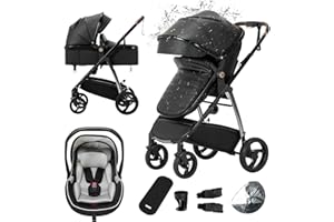 Gcarebb Pushchair, City Strollers with Car Seat, Portable One-Click Folding Walking Stick Stroller, Landscape Combined Strollers High Aluminium Frame