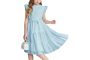 Arshiner Vestidos para Niña Verano Mangas Volantes Vestido Gasa Cuello Volante Vestido niños un Solo Color Fiesta Elegante Línea A Vestidos Festivo con Cinturón 5-13 Años