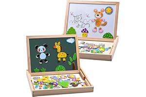 MOVEONSTEP 100+ pcs Double Wooden Magnetic Puzzle, Animal Patterns Puzzle Toy Magnetic Drawing Board for Boys Girls Kids Toddler 3+ Year Olds
