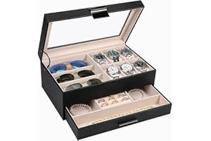 LANDICI Watch Box Organiser Jewellery box for Men Women, 2 Layer 6 Slot PU Leather Watch Storage Case with Glass Top, Large Jewelry Display Holder for Sunglasses Necklace Earring Ring (Black)