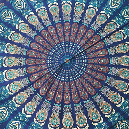Yiuswoy Boho Strand Decke,Rund Mandala Strandtuch,Gypsy Tischdecke,Gross Wandteppich Indisch,Wandteppich Yoga Matte,Hippie Picknickdecke Mit Die Pfauenfeder Muster – Blau - 5