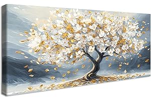 HALFLEMART Cadre en Bois Impression sur Toile Arbre De Vie Fleurs Blanche Tableau Peinture Poster Mural Moderne Gris Or Image sur Toile Grandes Tableau Decoration Murale Salon Chambre Restaurant 50x120cm