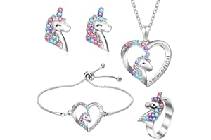 Smilcloud 4 PCS Girls Jewelry Set Unicorn Mermaid Necklace Bracelet Set and Earrings Ring with Present Box Jewelry Favors Set Birthday Gift for Little Girl Daughter Granddaughter Niece (FBWOY6163)