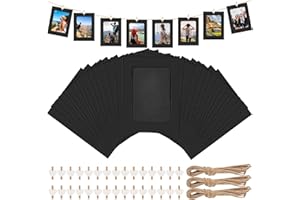 AILUYA 30 marcos de fotos blancos, marcos de fotos colgantes, 11,5 x 15,5 cm, marco de cartón DIY, marco de papel kraft con 30 clips de madera y 3 cuerdas de cáñamo para salón, dormitorio, fiesta de (Negro)